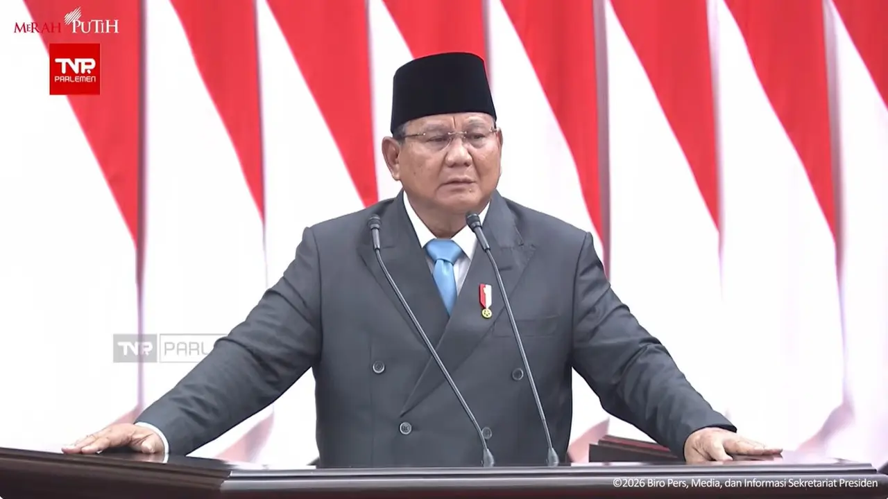 Presiden Prabowo Subianto dalam pidato perdana pada Rapat Paripurna DPR ke-19 Masa Persidangan V Tahun Sidang 2025-2026 di Gedung Nusantara MPR/DPR/DPD, Jakarta, Rabu (20/5/2026).