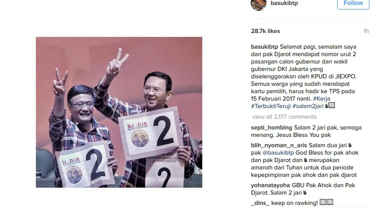 Ahok langsung mempromosikan Salam Dua Jari dalam akun media sosialnya pagi ini.