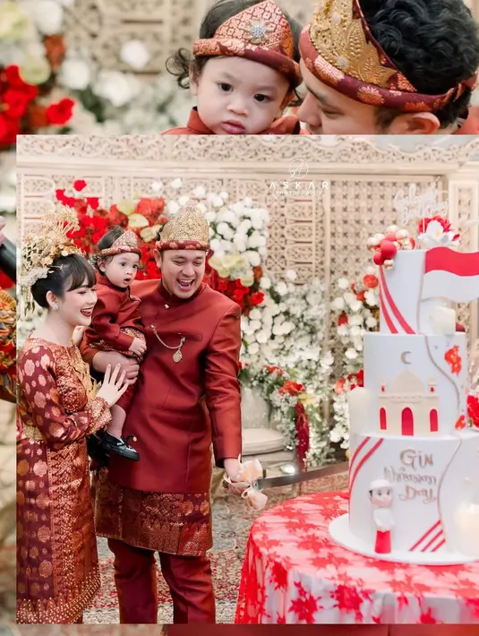 Berikut beberapa potret kemeriaan acara syukurannya. Gilang, Adiezty Fersa istrinya dan baby Gin tampak kompak mengenakan pakaian merah. [Instagram/gilangdirga]