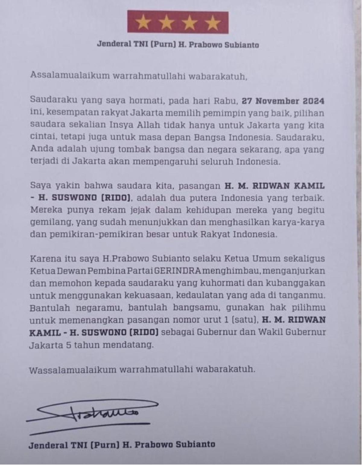 Surat Prabowo Ajak Warga Jakarta Pilih Ridwan Kamil-Suswono