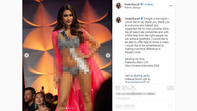 Frederika Alexis Cull mengenakan bikini two pieces di Swimsuit Session Top 10 Miss Universe 2019. (Screenshot Instagram @frederikacull/https://www.instagram.com/p/B5z-KHdnXkK/Putu Elmira)