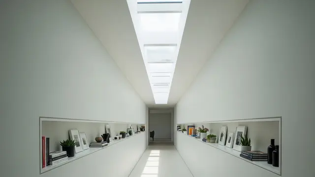 Lorong Memanjang dengan Skylight dan Rak Pajangan