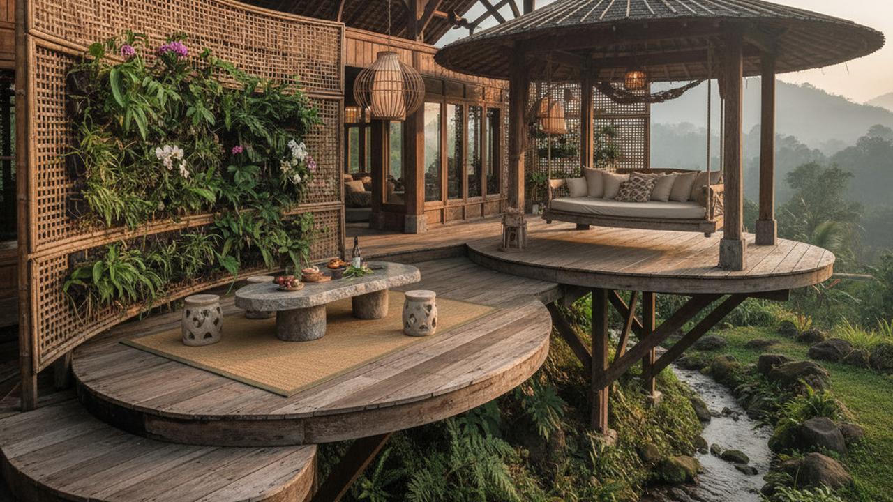 Teras Rumah Kayu Gaya Tropis Tradisional Konsep Elevated Deck