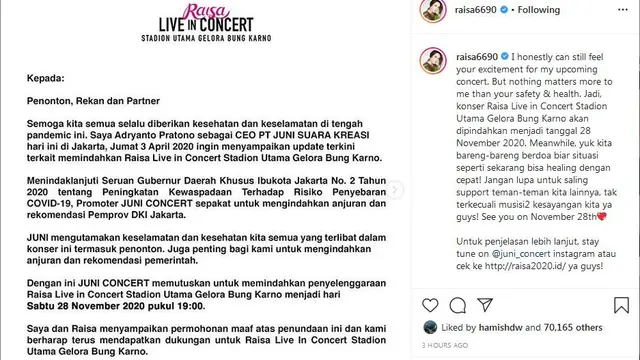 Raisa Ubah Tunda  Konser Tunggalnya