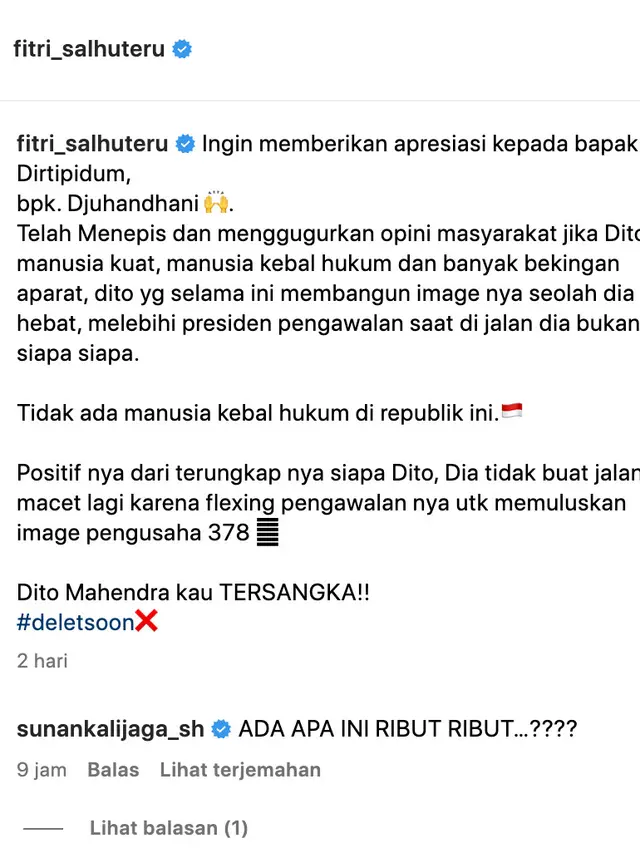 Unggahan Fitri Salhuteru soal Dito Mahendra jadi tersangka. (Foto: Dok. Instagram @fitri_salhuteru)