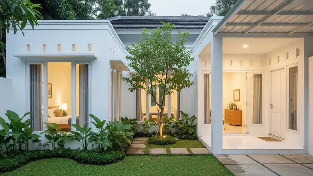 Rumah Minimalis Cat Putih yang Tampak Bersih dan Jadi Tren di 2026 Model Courtyard Hijau