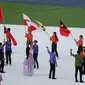 Bendera kontingen Indonesia, Merah Putih dipasang terbalik saat acara pembukaan SEA Games 2023 di Morodok Techo Stadium, Phnom Penh, Kamboja, Jumat (5/5/2023). (Bola.com/Abdul Aziz)