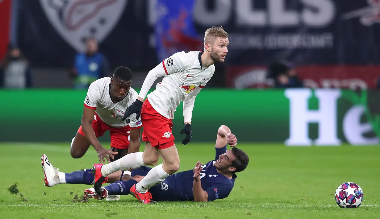 RB Leipzig berhasil mengalahkan Tottenham Hotspur saat bertandang ke London pada pertemuan pertama dengan skor tipis 1-0. (AFP/Ronny Hartmann)