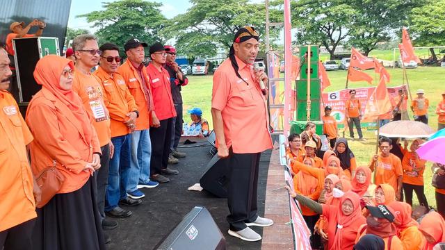 Presiden Partai Buruh, Said Iqbal saat menghadiri kampanye di Jepara, Jawa Tengah.