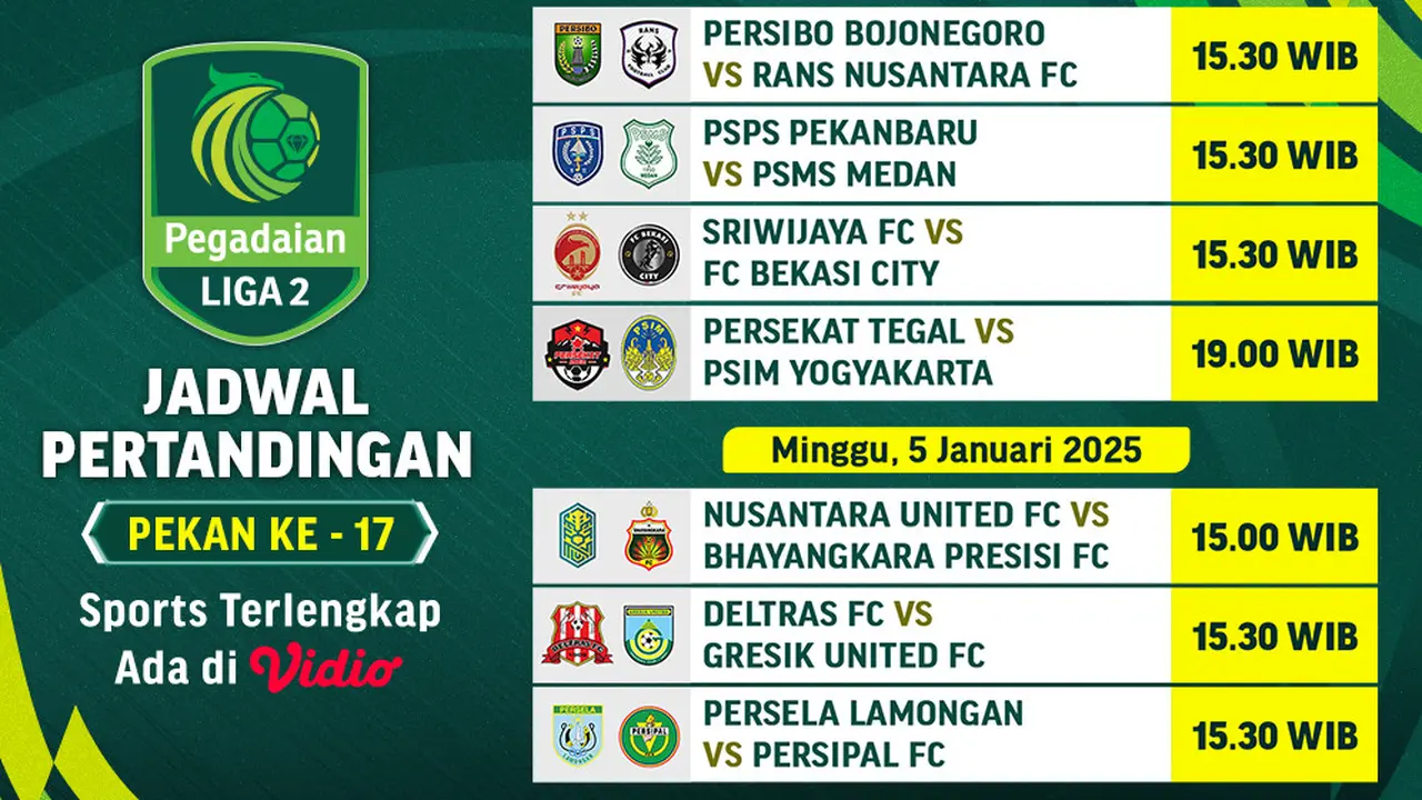 Jadwal Pegadaian Liga 2 2024/2025 Pekan 17