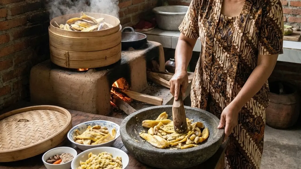 mengukus dan menghaluskan kulit pisang (Gemini AI)
