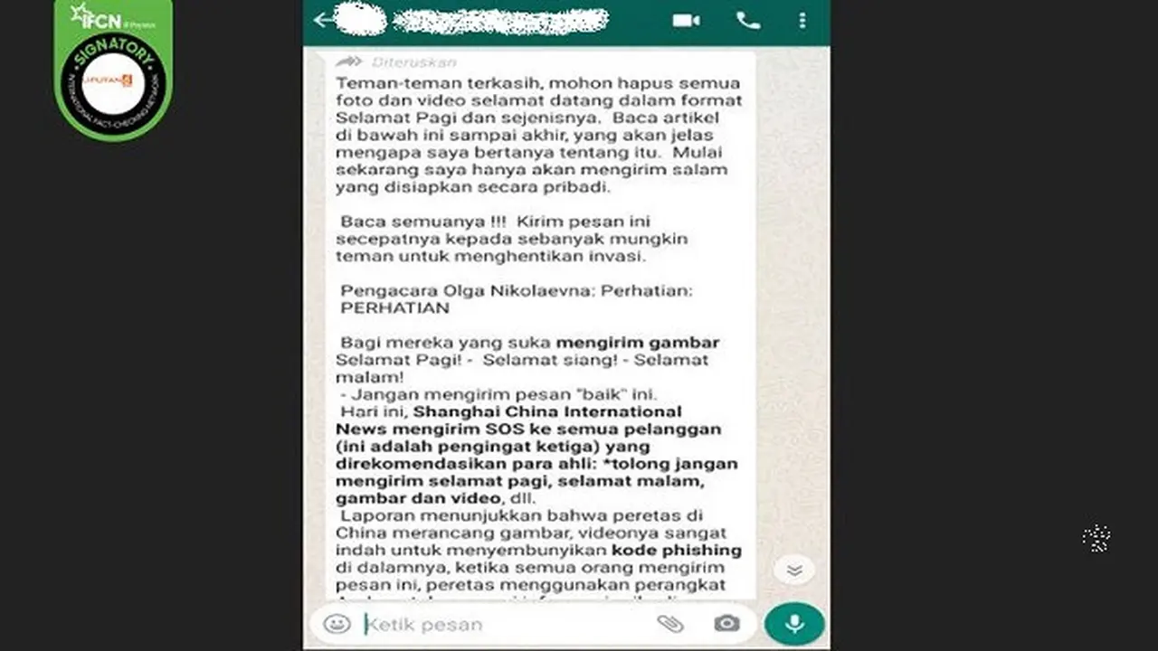 Gambar Tangkapan Layar Pesan Berantai Berisi Ancaman Berisi Klaim Bahaya Menyebarkan Ulang Ucapan Selamat dalam Bentuk Gambar dan Video di Aplikasi Percakapan WhatsApp.