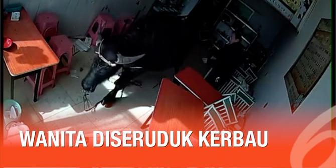 VIDEO: Detik-Detik Kerbau Seruduk Wanita di Tempat Makan
