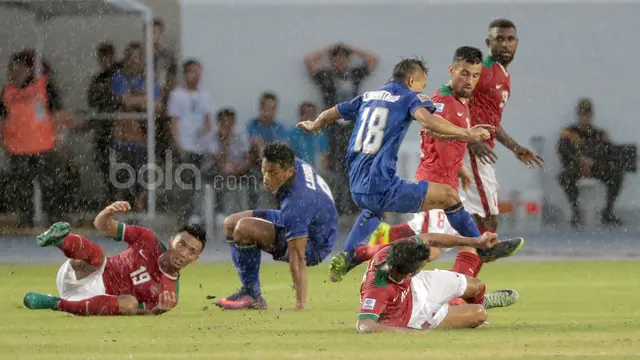 Rebutan Bola antara Pemain Timnas Indonesia dan Thailand