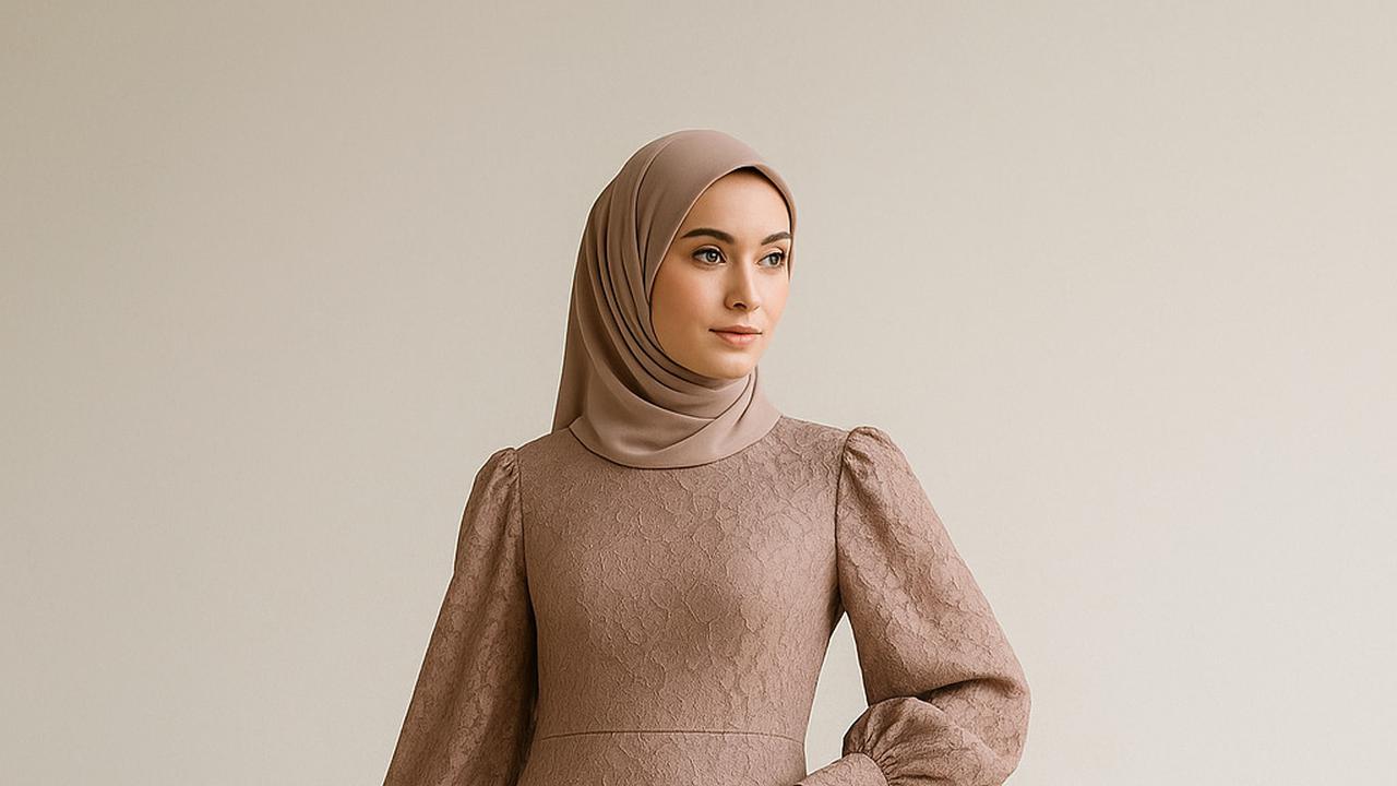 Ilustrasi Gamis A-Line Brokat dengan Lengan Balon