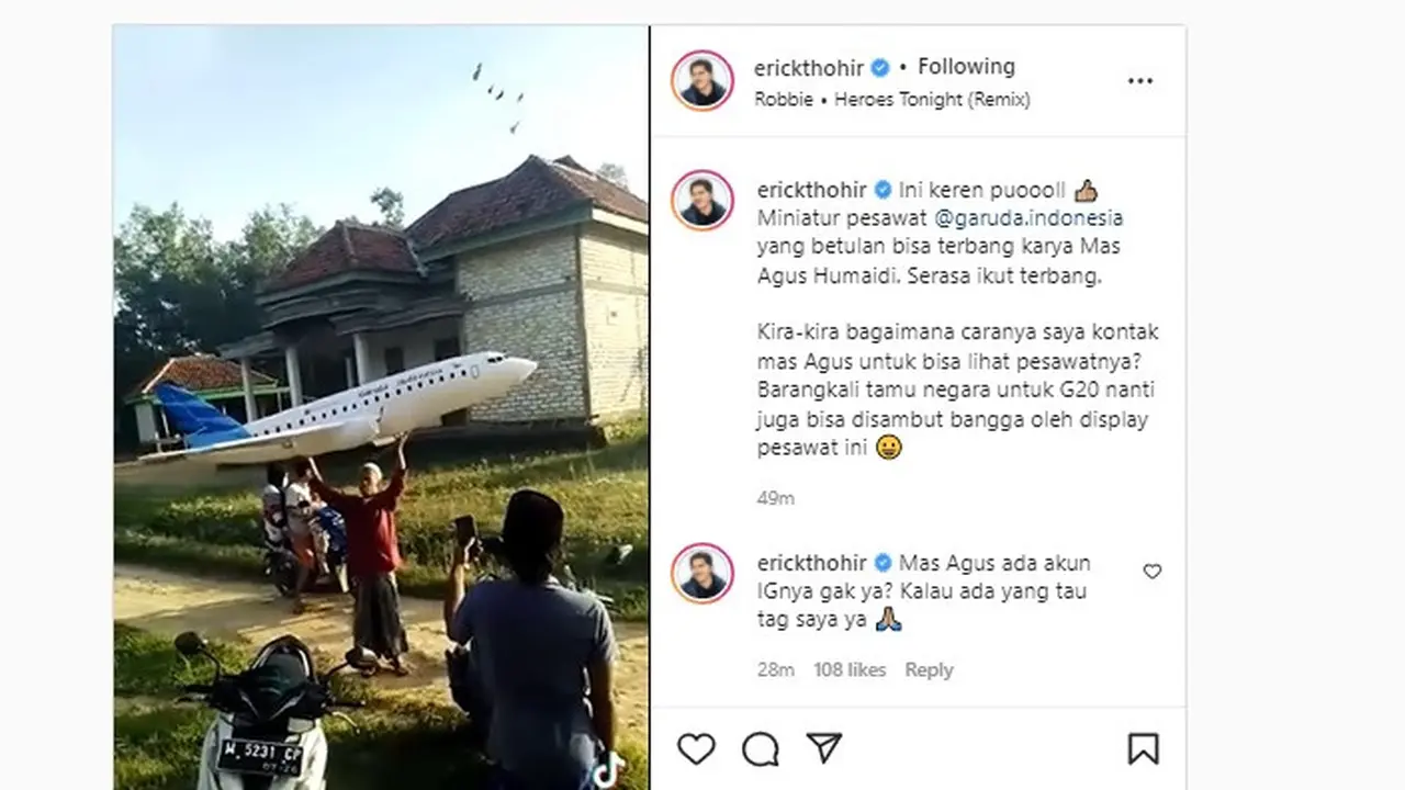 Menteri BUMN kagum dengan miniatur pesawat Garuda Indonesia yag bisa terbang