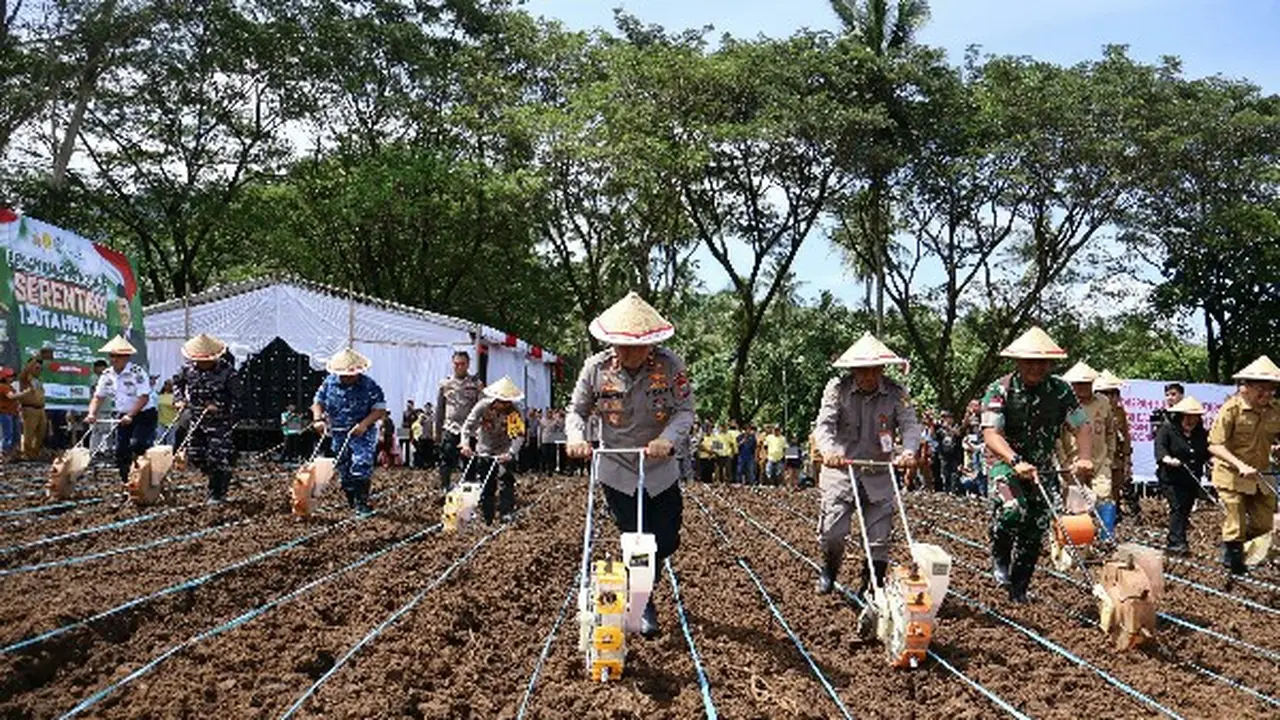 Polda Sulut menggelar kegiatan penanaman jagung di lahan perkebunan Kelurahan Pandu, Kecamatan Bunaken, Kota Manado, Sulut, pada Selasa (21/1/2025).