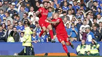 Pemain Liverpool Danny Ings merayakan gol bersama rekannya Martin Skrtel dalam lanjutan Liga Premier Inggris di Goodison Park, Minggu (04/10/2015). Liverpool dan Everton bermain imbang 1-1. (Reuters / Phil Noble)