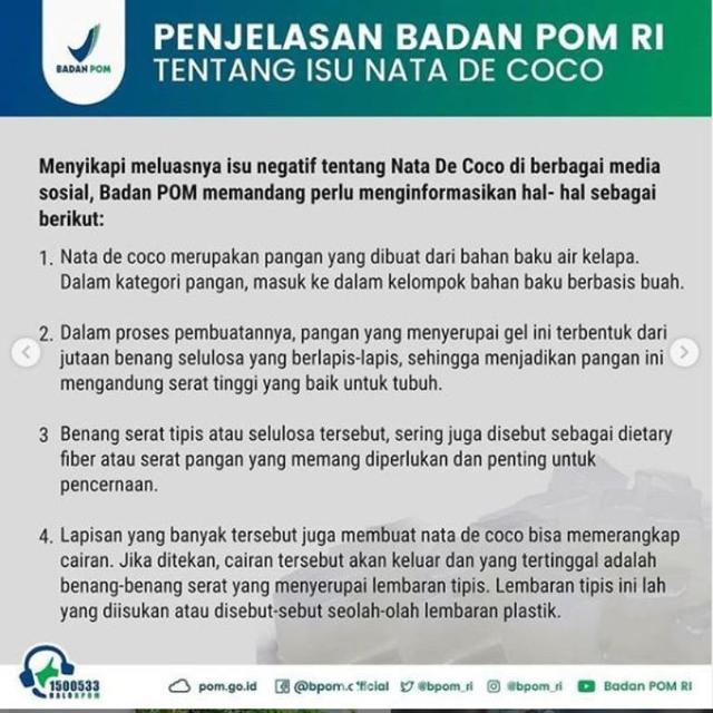 Penjelasan BPOM RI tentang isu nata de coco mengandung plastik.