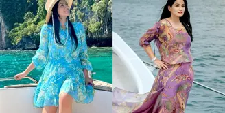 Off shoulder dress warna biru cerah yang senada dengan warna laut kolam renang dan laut jadi salah satu dress andalan Titi Kamal. [@titi_kamall]