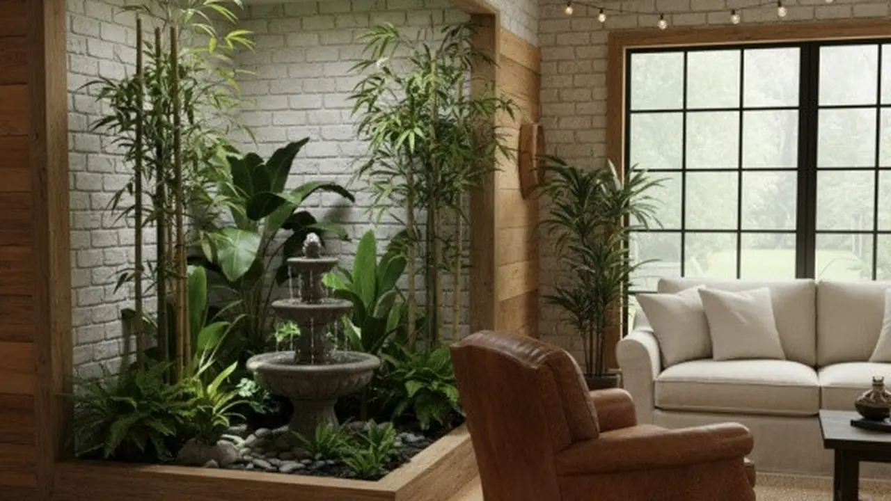 Model Rumah dengan Taman Indoor dan Air Mancur Mini (Sumber: Gemini AI)