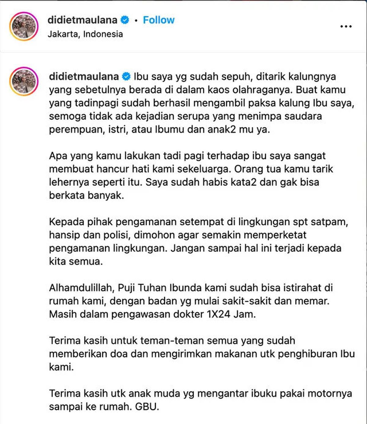 Detik-Detik Ibunda Didiet Maulana Dijambret, Pelaku Pakai Helm Putih Menarik Paksa Kalung di Leher