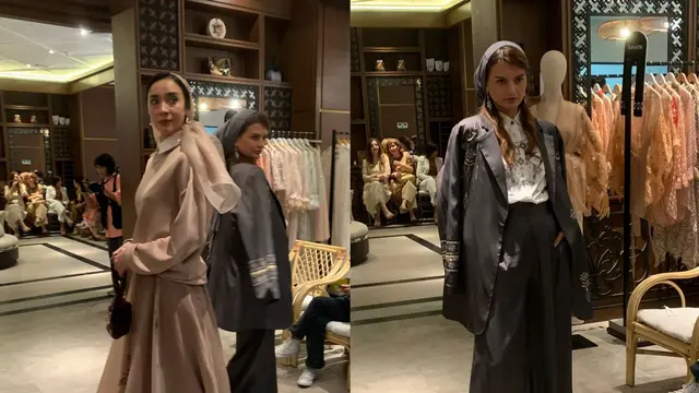 Tampilan hijab turban dengan busana semi formal dari Lia Soraya