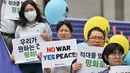 Unjuk rasa ini diselenggarakan untuk menandai peringatan 74 tahun dimulainya Perang Korea 1950-1953. (Jung Yeon-je/AFP)