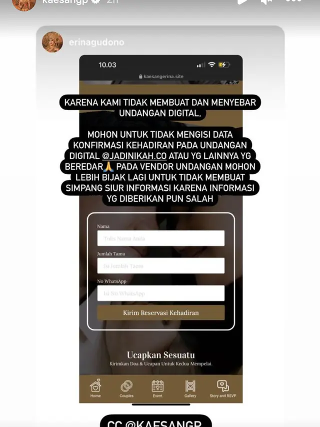 Klarifikasi Erina Gudono dan Kaesang Pangarep soal undangan digital resepsi pernikahan yang beredar Sabtu (26/11/2022). (Foto: Dok. Instagram @kaesangp)
