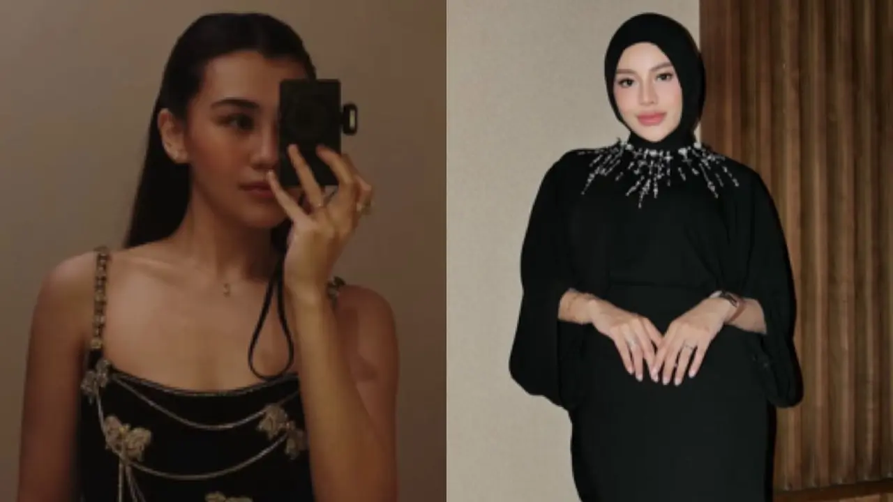 Aaliyah Massaid dan Aurel Hermansyah saat di Pernikahan Putri Pemilik Krisna Bali kompak pakai dress hitam. [@aaliyah.massaid/@aurelie.hermansyah]