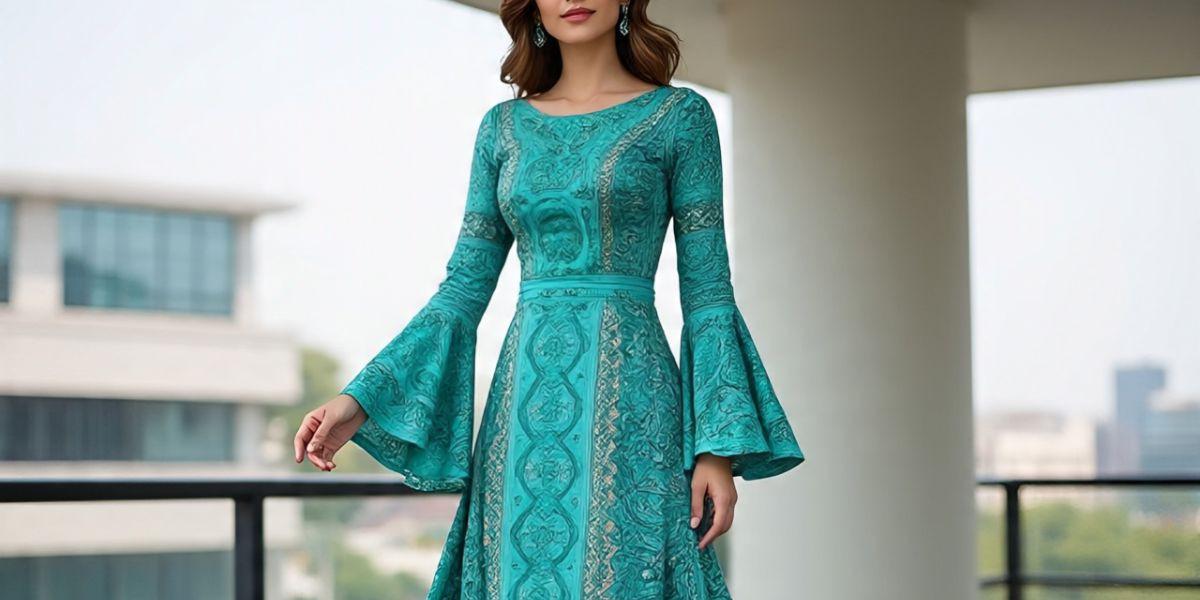 Long Dress Batik Brokat Lengan Trompet