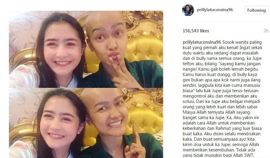 Prilly Latuconsina sedih mendengar kondisi Julia Perez yang kian memburuk [foto: Instagram]