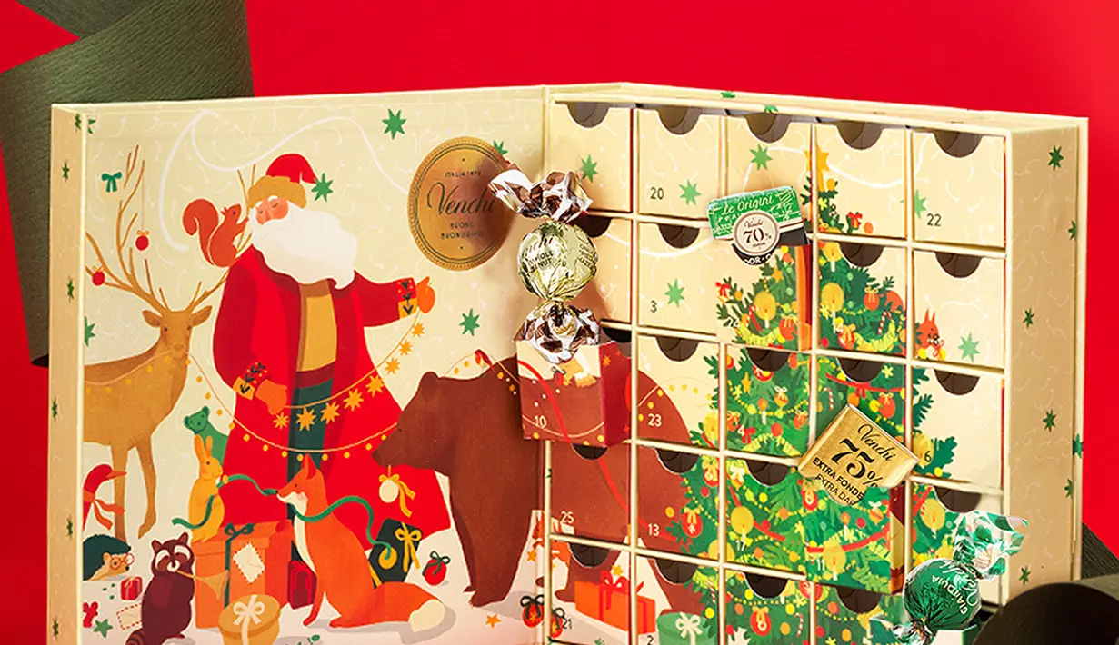 Venchi menghadirkan 3 kategori Holiday Collection 2022. Yaitu Premium Selection yang terdiri dari beberapa pilihan hampers. Holiday Decoration dibuat berbentuk advent calender dari kayu seperti rumah Santa, pilihan hampers mewah yang unik. Foto: Document/Venchi.