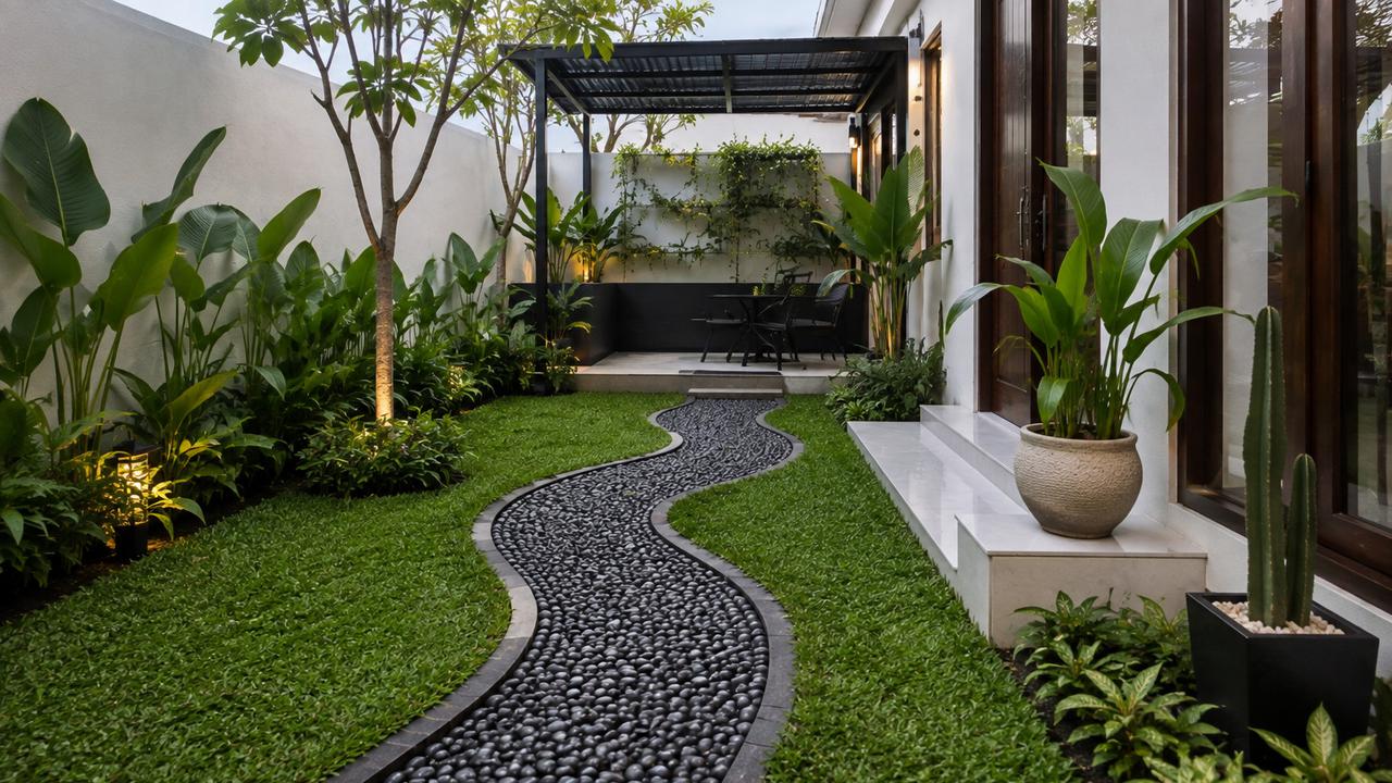 Inspirasi Kombinasi Batu Koral dan Rumput untuk Taman Minimalis