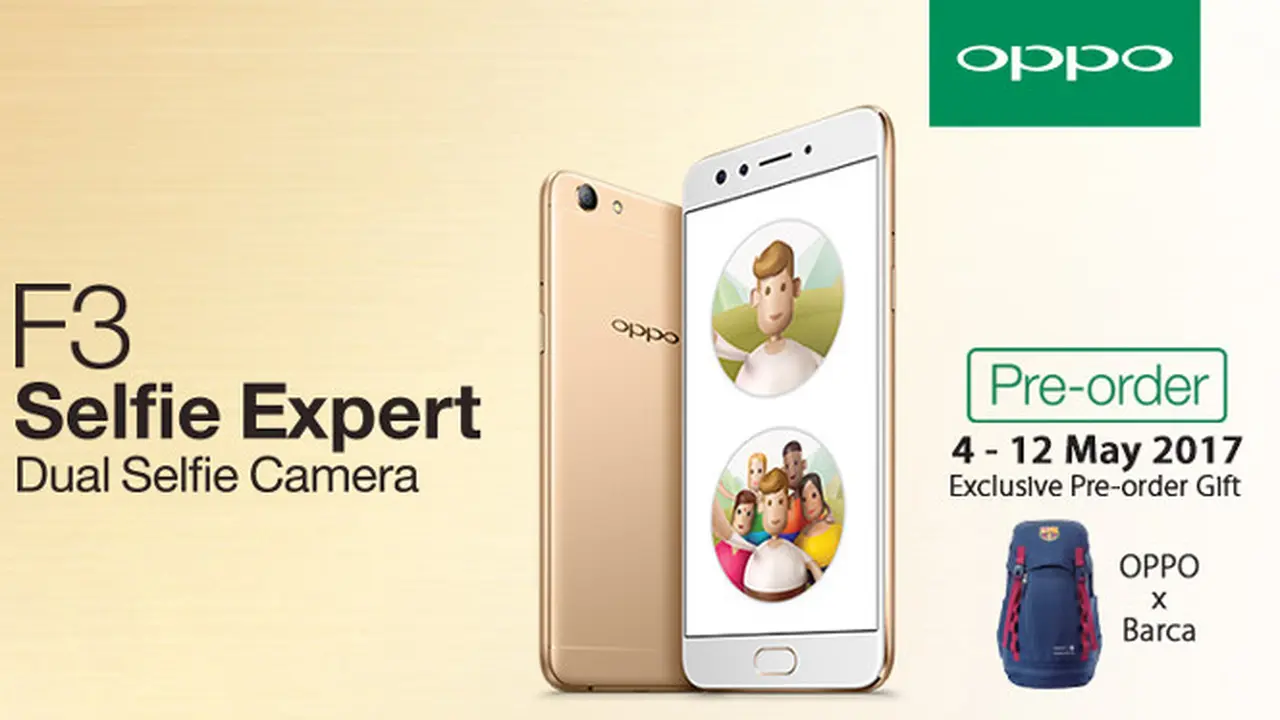 OPPO juga akan memberikan tas eksklusif dari FC Barcelona seharga Rp1.199.000 kepada 30.000 konsumen pertama yang memesan perangkat OPPO F3 pada masa pre-order.