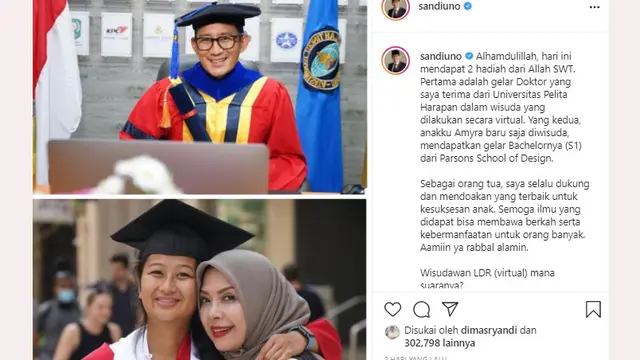 Sandiaga Uno lulus Program Doktor Manajemen dan mengikuti wisuda online Universitas Pelita Harapan (UPH) Lippo Village, Sabtu (17/7/2021). (Foto tangkapan layar akun Instagram @sandiuno)
