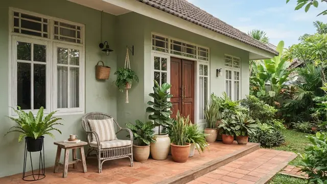 Warna Cat Teras Rumah yang Cocok dengan Tanaman Hijau di Depan Rumah