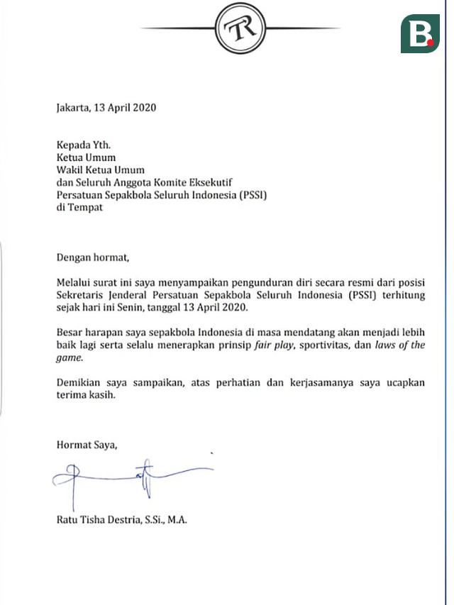 Surat pengunduran diri Ratu Tisha sebagai sekjen PSSI