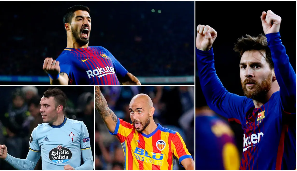 Berikut ini top scorer sementara La Liga Spanyol musim 2017/2018 hingga pekan ke-21, Lionel Messi dan Luis Suarez melesat. (Kolase foto-foto AP dari AFP)