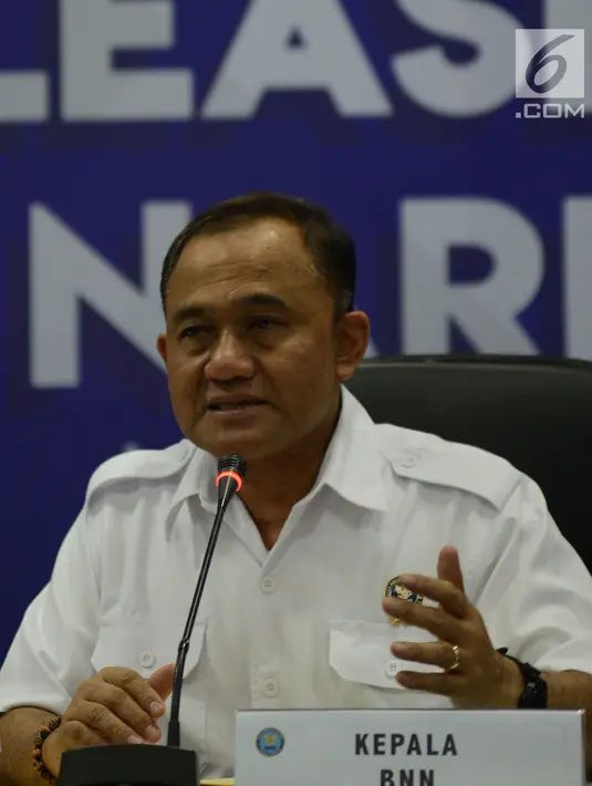 Kepala BNN Irjen Heru Winarko dalam acara rilis akhir tahun 2018 BNN di gedung BNN, Jakarta, Kamis (20/12). BNN mengidentifikasi di tahun 2018 ada 83 jaringan sindikat narkoba, sedangkan pada tahun 2017 sebanyak 99 jaringan. (Merdeka.com/Imam Buhori)