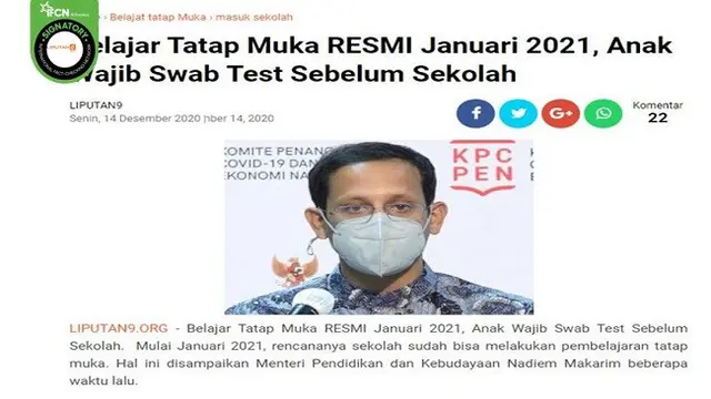Gambar Tangkapan Layar Berita tentang Anak Wajib Tes Swab Sebelum Masuk Sekolah Tatap Muka