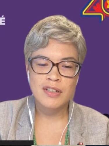 Vicky Singmin, Kuasa Usaha, Perutusan Kanada untuk ASEAN saat menyampaikan kata sambutan pada Konferensi Pers 'Hari Perempuan Sedunia 2022'. (Video Screen Grab)