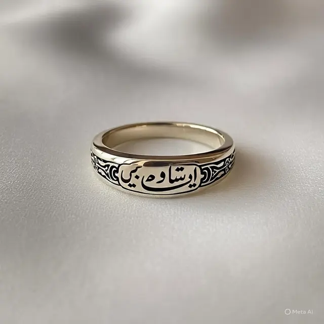 Ilustrasi cincin emas Islami bertuliskan kata-kata cinta dalam bahsa Arab (Created by Meta AI)