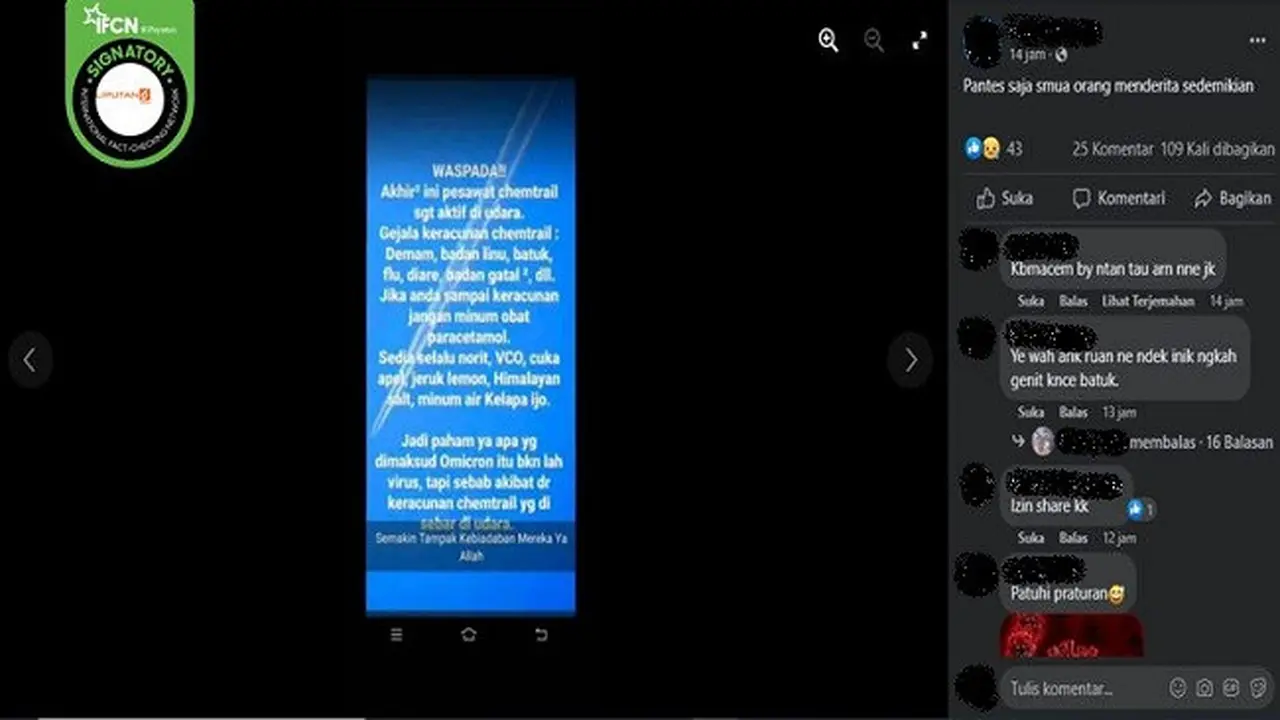 Gambar Tangkapan Layar Klaim tentang COVID-19 Varian Omicron Muncul Akibat Keracunan Chemtrail di Udara (sumber: Facebook).