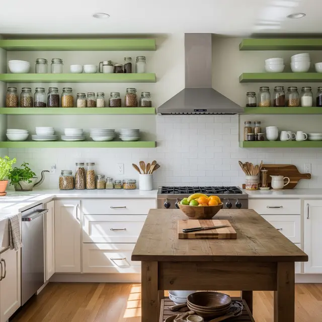 Dapur dengan Konsep Open Shelf Hijau