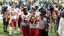 Ekspresi kecewa para pemain Kansas City setelah kalah dari Philadelphia Eagles dalam laga final yang berlangsung di Caesars Superdome, New Orleans, Louisiana, Senin (10/02/2025). (AP Photo/David J. Phillip)