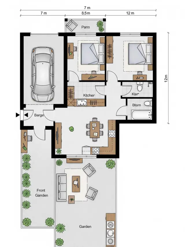 Contoh Rumah Kecil 7x12 dengan Garasi dan Taman Belakang