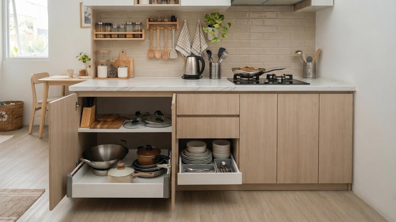 Tempat penyimpanan dapur minimalis modern yang cocok untuk rumah tipe kecil model kabinet bawah meja untuk peralatan masak