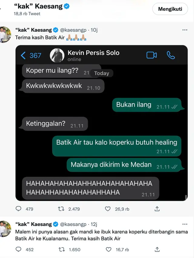 Cuitan Kaesang Pangarep. (Foto: Dok. Twitter @kaesangp)