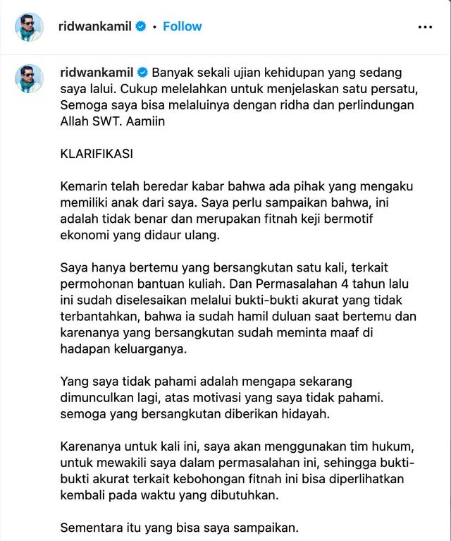 Ridwan Kamil klarifikasi isu dugaan selingkuh dengan Lisa Mariana, Sebut fitnah keji bermotif ekonomi